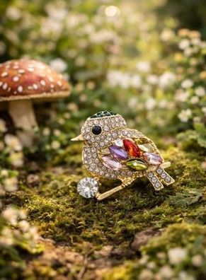 Vintage Emaille Brosche Vogel mit Strasssteinen süßer Vogel