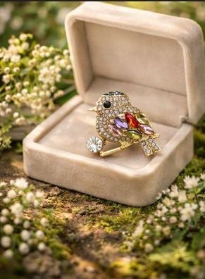 Vintage Emaille Brosche Vogel mit Strasssteinen süßer Vogel