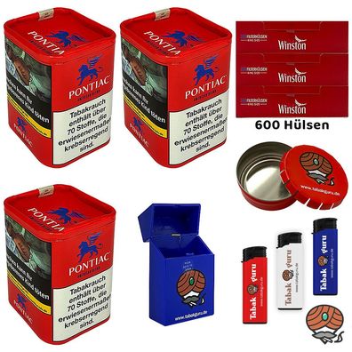 Pontiac American Blend Tabak Dose 3x 120g, Winston Hülsen, Ascher Feuerzeuge Box