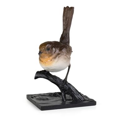 Skulptur Vogel aus Bronze bemalt H 16,5 cm Tierfigur mit Astmotiv detailreich