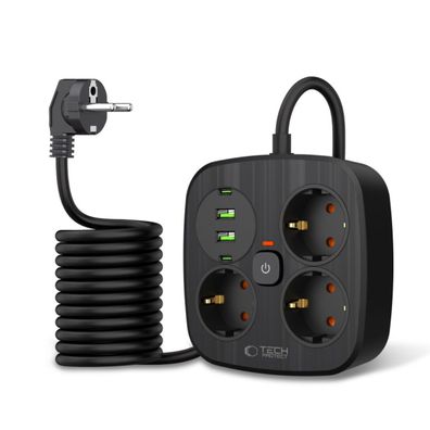 Tech-Protect PCS3X4 Steckdosenleiste, 3 Steckdosen, 2xUSB-A, 2xUSB-C 200 cm - schwarz