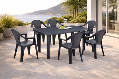 Mojawo® 7-teilige Gartengarnitur Kunststoff Esstisch Eckig 140x90cm Anthrazit