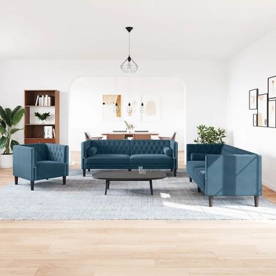 vidaXL 3-tlg. Chesterfield-Sofa-Set mit Nackenrollen Blau Samt