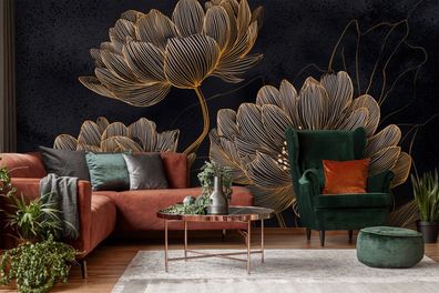 Vlies Fototapete Blumen Gold Schwarz TAPETE XXL Wohnzimmer Schlafzimmer