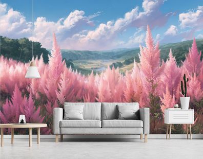 Vlies Fototapete Blumen Rosa Blau Wolken TAPETE XXL Wohnzimmer Schlafzimmer