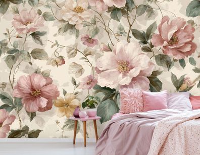 Vlies Fototapete Blumen Rosa Weiß TAPETE XXL Wohnzimmer Schlafzimmer