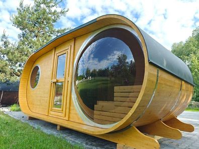 GardenAndPoolsCom Gartensauna Sauna Hütte Fass Outdoor Sauna Panorama BIG 5 x 2,4 m