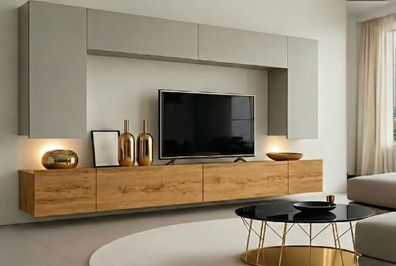 Wohnwand NICEA Grau u. Gold Craft Eiche Mediawand Schrankwand LED Beleuchtung