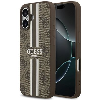 Handyhülle Case iPhone 17 Guess MagSafe Kunstleder braun Logo Streifen