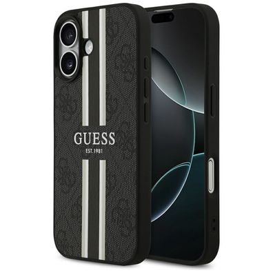 Handyhülle Case iPhone 17 Guess MagSafe Kunstleder grau Logo Streifen