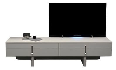 Eleganter beigefarbener TV-Ständer mit modernen Griffen und minimalistischem