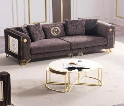 Luxuriöses braunes 3-Sitzer-Sofa mit goldenen Akzenten