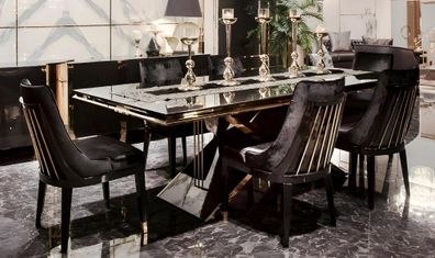 Schwarz-Goldene Esszimmer Garnitur Designer Küchentisch 4x Stühle