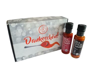 Geschenk 2er Box "Dankeschön" mit Bio-Chilisauce „Pur Habanero“ und Bhut Jolokia