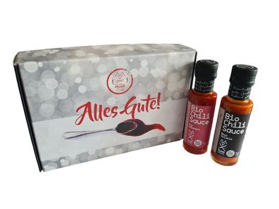 Geschenk 2er Box "Alles Gute" mit Bio-Chilisauce „Pur Habanero“ und Bhut Jolokia