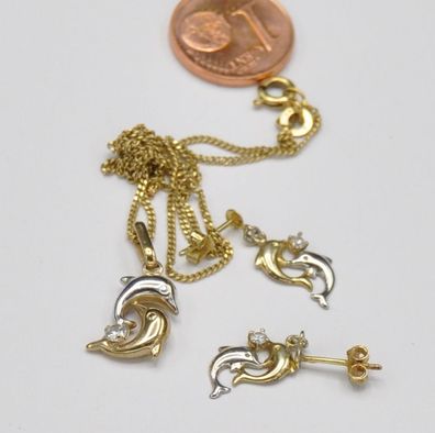 Set Kinder Bi Color Ohrringe Kette Anhänger Delphin Delfin 333 Gold