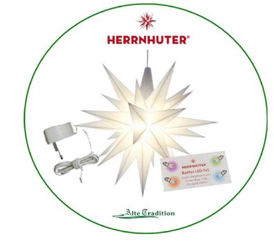 Herrnhuter Stern 13 cm weiß mit Farb-LED und Netzgerät