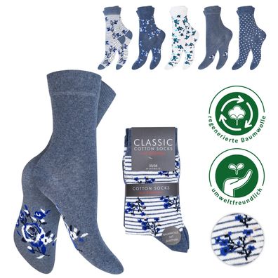 Neu 5 Paar Damen Socken Blau Grau Gepunktet Blumen Design Motivsocken Baumwolle 65261