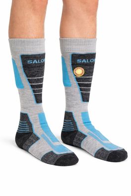 2 Paar Salomon S-PRO Merino Ski Socken LD32 Blau/Grau - Skisocken Herren Damen Winter