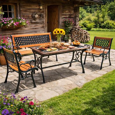 4tlg Gartenmöbel Set Gartengarnitur Outdoormöbel Gusseisen Bank Tisch 2x Stuhl