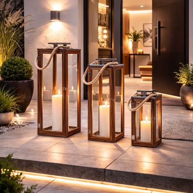 3er XXL Set Holzlaternen Gartenlaternen Windlicht Edelstahldach H 70/51/31CM