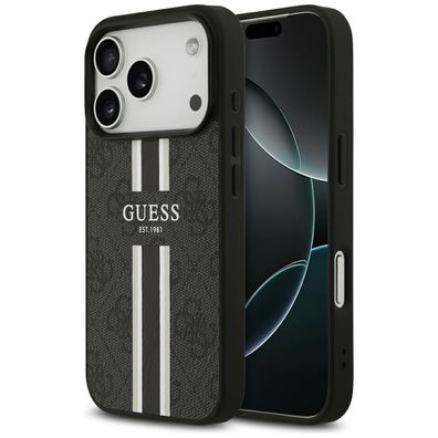 Handyhülle Case iPhone 17 Pro Guess MagSafe Kunstleder grau Logo Streifen