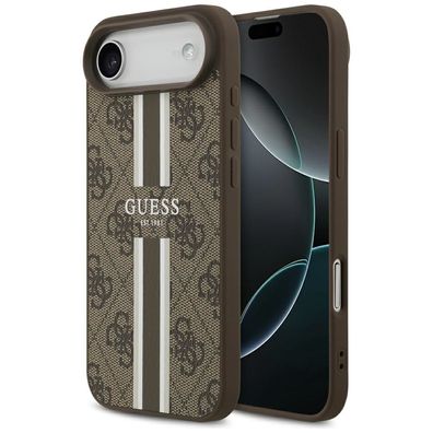 Handyhülle Case iPhone 17 Air Guess MagSafe Kunstleder braun Logo Streifen