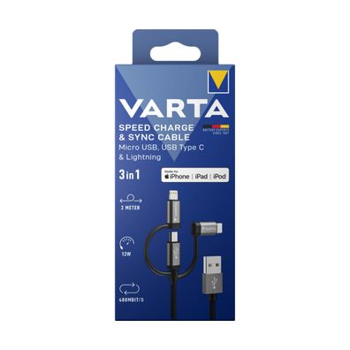 VARTA Speed Charge& Sync 3in1 Ladekabel Micro USB USB-C Lightning 2m für iPhone