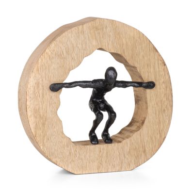 Moderne Aluminiumfigur im Holzrahmen Kreis Bewegung 27,3 x 10,7 x 27,5 cm - Skulptur