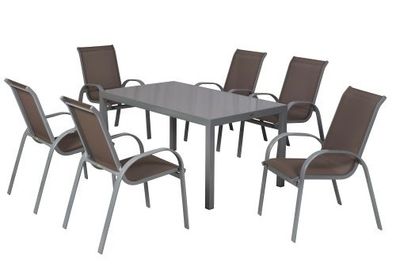 Amalfi Gartenmöbel Set 7tlg., 6 Stapelsessel, Tisch 150 x 90 cm, taupe, Aluminium/Tex