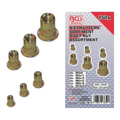 BGS-14126 Nietmuttern-Sortiment, verzinkter Stahl, 150-tlg