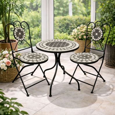 Mosaik Set Sitzgarnitur Sitzgruppe Mosaiktisch + 2 Mosaikstühle Bistrotisch Ø60cm