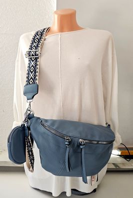 Bauchtasche Cross Body Bag Kunstleder bunter Gurt kleine extra Tasche Jeansblau