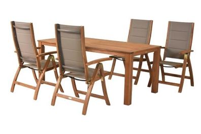 Acapulco Gartenmöbel Set, 4 Klappsessel, Tisch 185 x 90 cm, Akazie/Textil