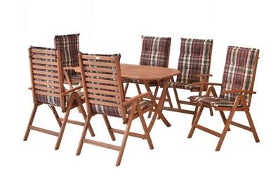 Borkum Gartenmöbel Set 13tlg., 6 Klappsessel, 6 Auflagen, Klapptisch 135 x 85 cm, Euk