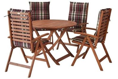 Borkum Gartenmöbel Set 9tlg., 4 Sessel, 4 Auflagen, Klapptisch Ø 100 cm, Eukalyptus