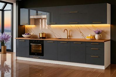 Küchenzeile Linda 300 cm Grau Hochglanz hohe Schränke- Küche 3m, Einbauküche