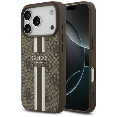 Handyhülle Case iPhone 17 Pro Guess MagSafe Kunstleder braun Logo Streifen