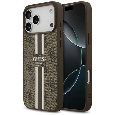 Handyhülle Case iPhone 17 Pro Max Guess MagSafe Kunstleder braun Logo Streifen