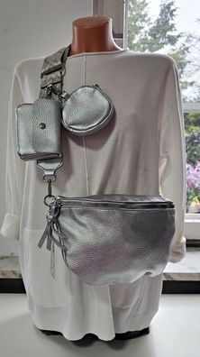 Bauchtasche Gürteltasche 2 extra Taschen Cross Body Bag Kunstleder Gurt Farbe: Silber