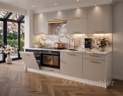 Küchenzeile Siena 240 cm Kaschmir Matt- Küche, Küchenblock 2,4m, Einbauküche