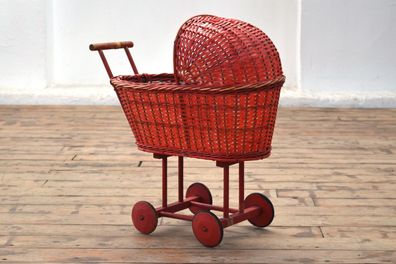 DDR Puppenwagen Rot 60cm Groß Vintage Alt Antik Geflecht Bast Holz 60er Jahre