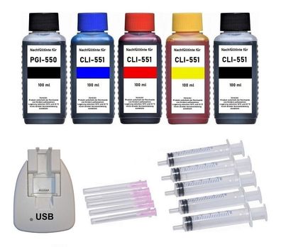 USB Chip Resetter für Canon PGI-550 und CLI-551 + 5 x 100 ml Nachfülltinte
