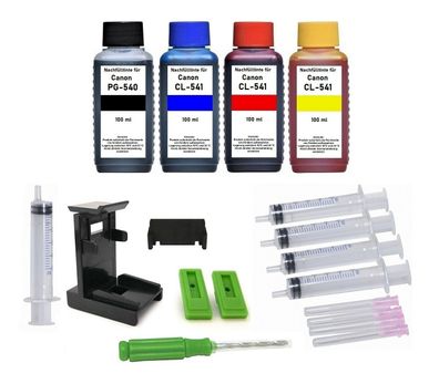Nachfüllset für Canon PG-540 und CL-541 - 4 x 100 ml Nachfülltinte + Zubehör
