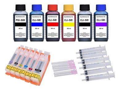 6 nachfüllbare Tintenpatronen wie Canon PGI-580, CLI-581 + 600ml Nachfülltinte