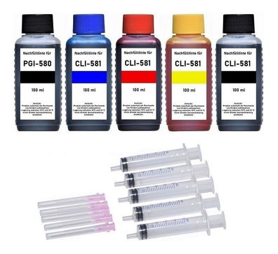 Nachfüllset für Canon PGI-580, CLI-581 c, m, y, bk - 5 x 100 ml Nachfülltinte