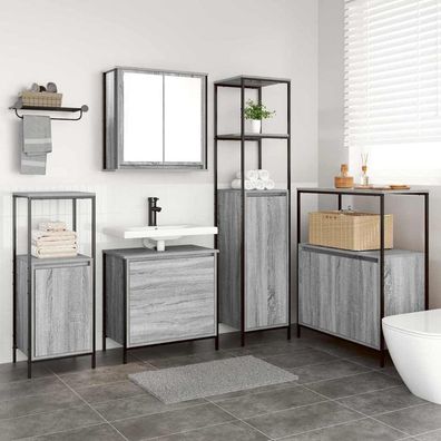 vidaXL Badezimmermöbel-Set mit Regal mit Tür 5 pcs Grau Holzwerkstoff