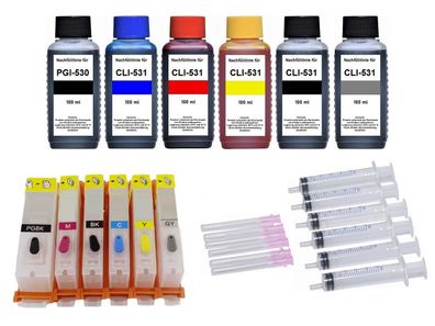 6 wiederbefüllbare Patronen PGI-530 + CLI-531 + 600 ml Tinte für Canon TS8500