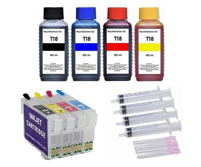 4 nachfüllbare Patronen T18 XL + 400 ml Tinte für Epson XP-102 XP-202 XP-205