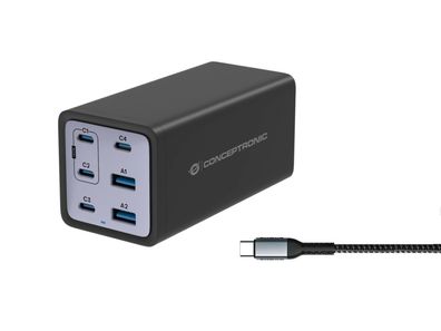 Conceptronic 6-Port 200W GaN USB-PD 3.1-Ladegerät mit USB-C-Ladekabel, USB-C x 4, USB